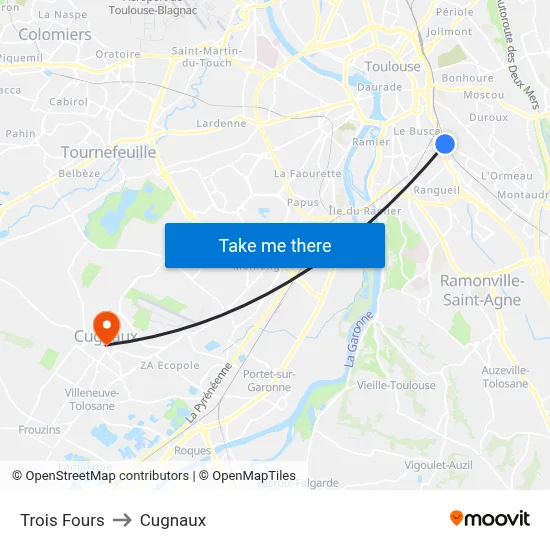Trois Fours to Cugnaux map