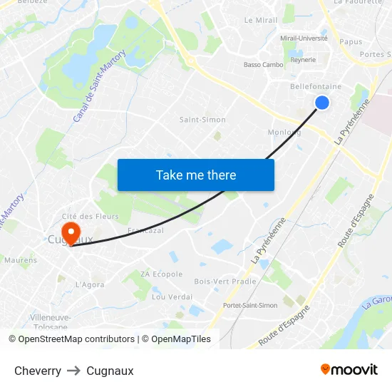 Cheverry to Cugnaux map