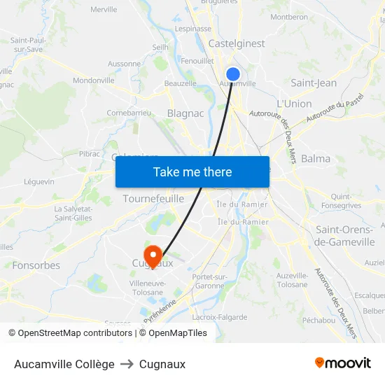 Aucamville Collège to Cugnaux map