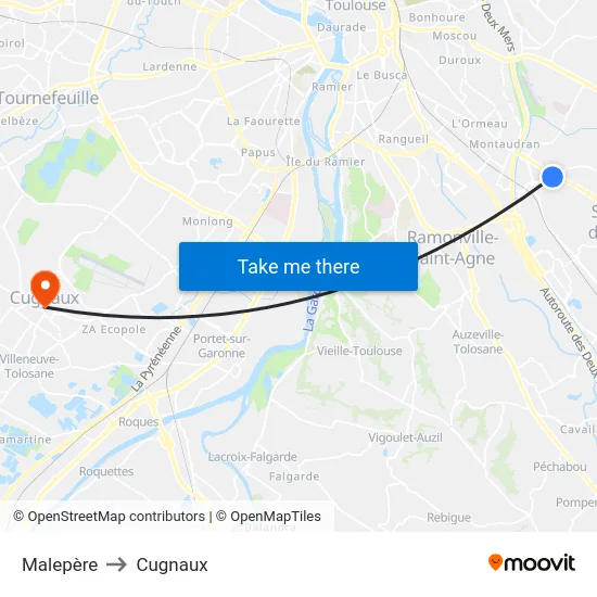 Malepère to Cugnaux map