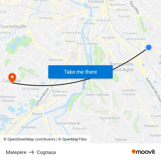 Malepère to Cugnaux map