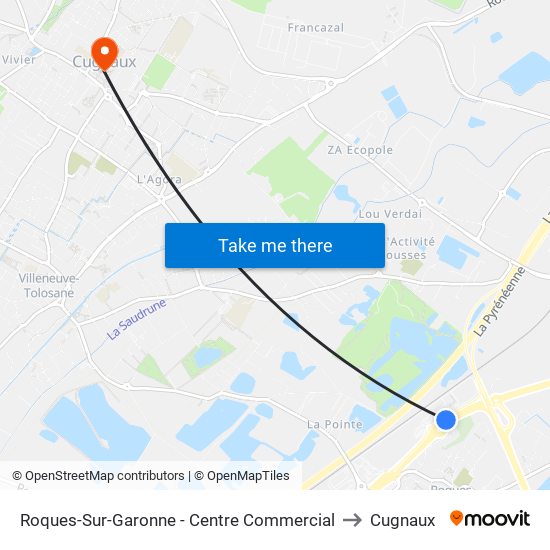 Roques-Sur-Garonne - Centre Commercial to Cugnaux map