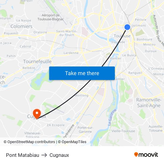 Pont Matabiau to Cugnaux map