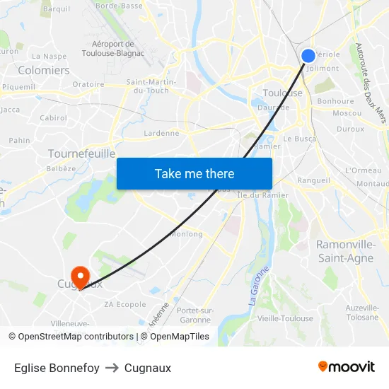 Eglise Bonnefoy to Cugnaux map