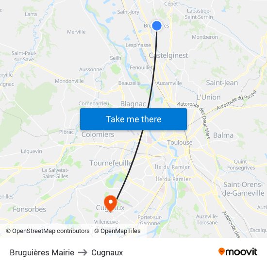 Bruguières Mairie to Cugnaux map