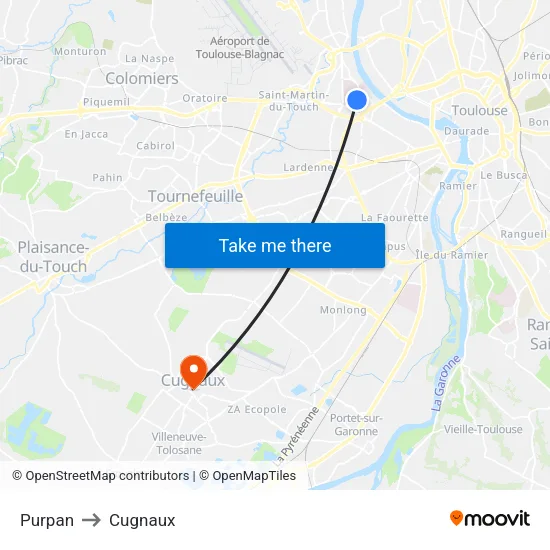 Purpan to Cugnaux map