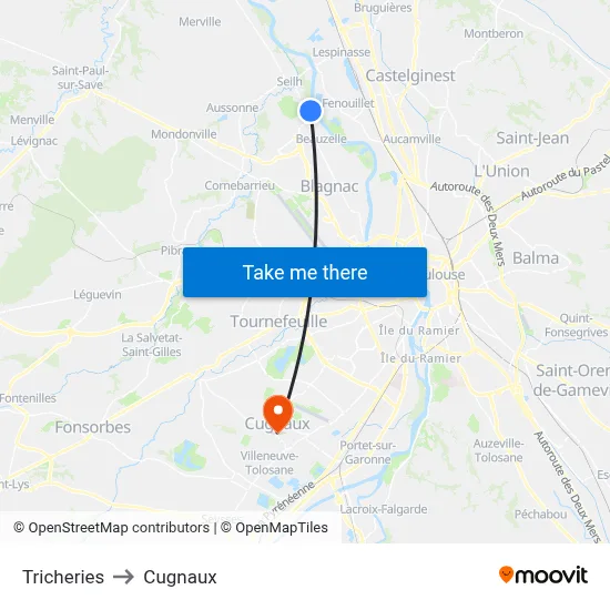 Tricheries to Cugnaux map