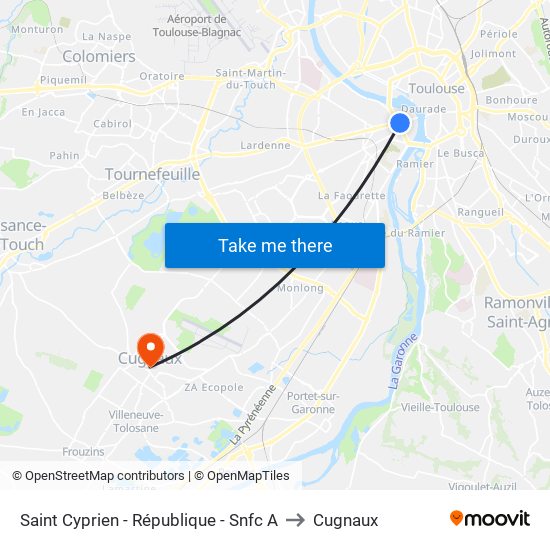 Saint Cyprien - République - Snfc A to Cugnaux map