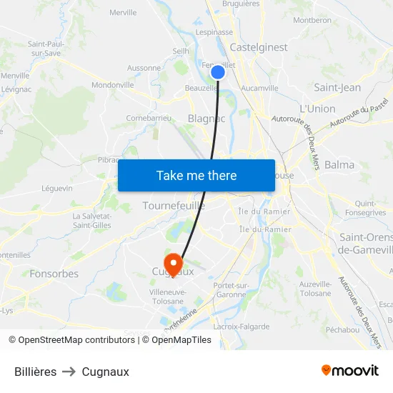 Billières to Cugnaux map