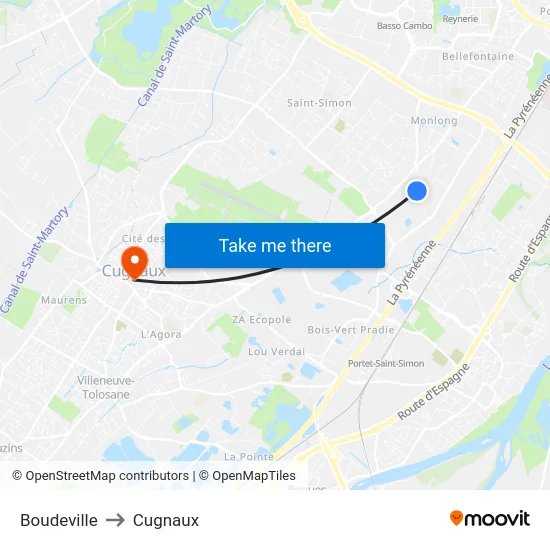 Boudeville to Cugnaux map