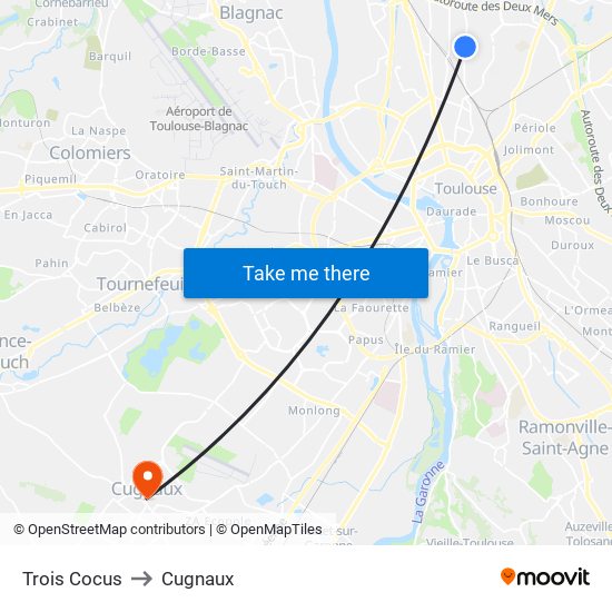 Trois Cocus to Cugnaux map