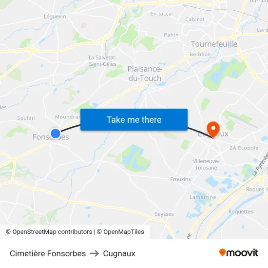 Cimetière Fonsorbes to Cugnaux map