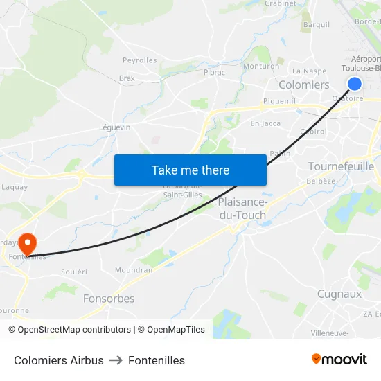 Colomiers Airbus to Fontenilles map