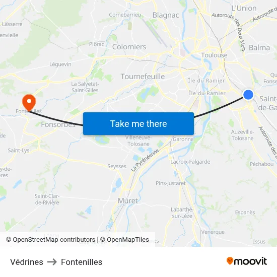Védrines to Fontenilles map