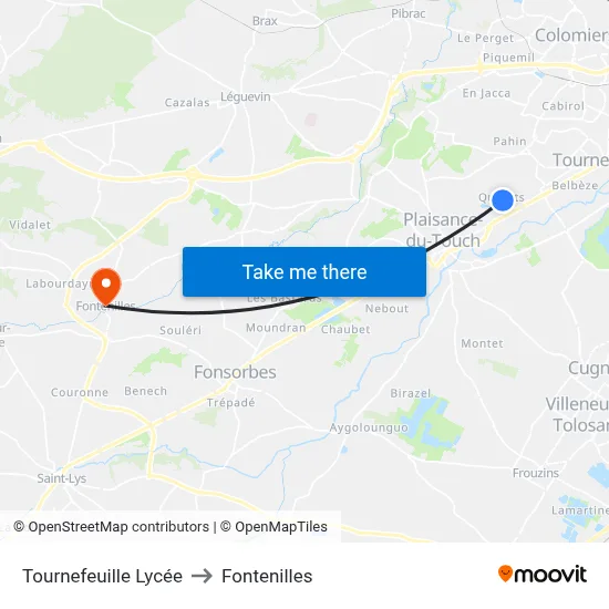 Tournefeuille Lycée to Fontenilles map