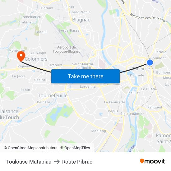 Toulouse-Matabiau to Route Pibrac map