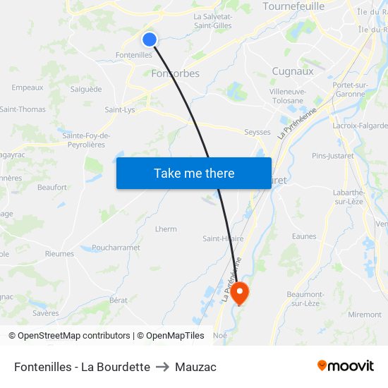 Fontenilles - La Bourdette to Mauzac map