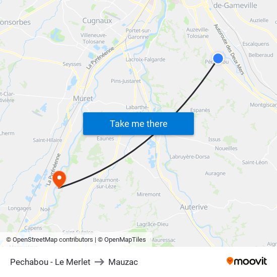 Pechabou - Le Merlet to Mauzac map