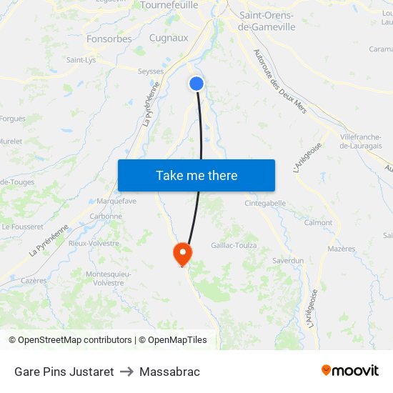 Gare Pins Justaret to Massabrac map