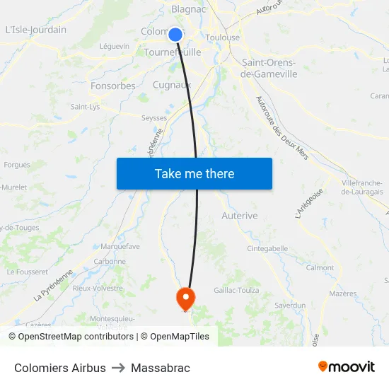 Colomiers Airbus to Massabrac map