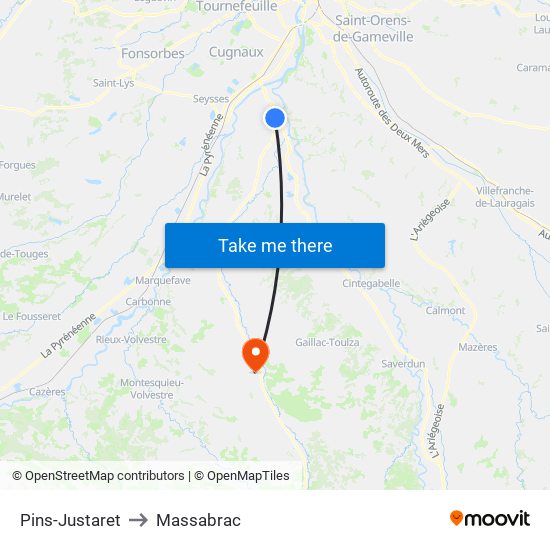 Pins-Justaret to Massabrac map