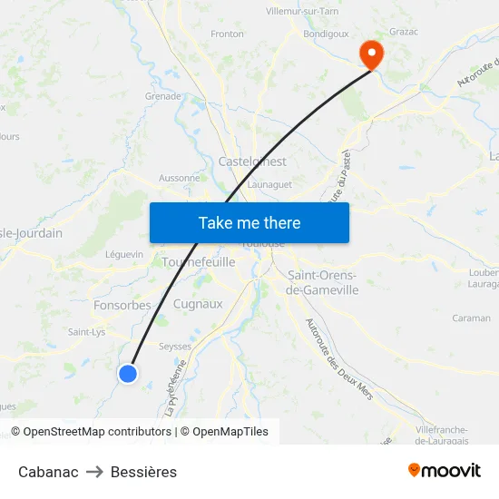 Cabanac to Bessières map