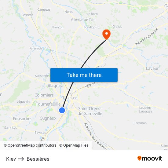 Kiev to Bessières map