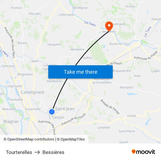 Tourterelles to Bessières map