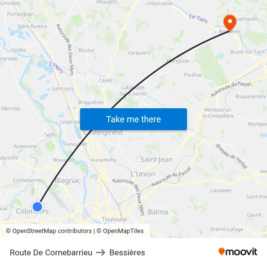 Route De Cornebarrieu to Bessières map