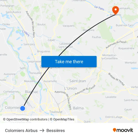 Colomiers Airbus to Bessières map