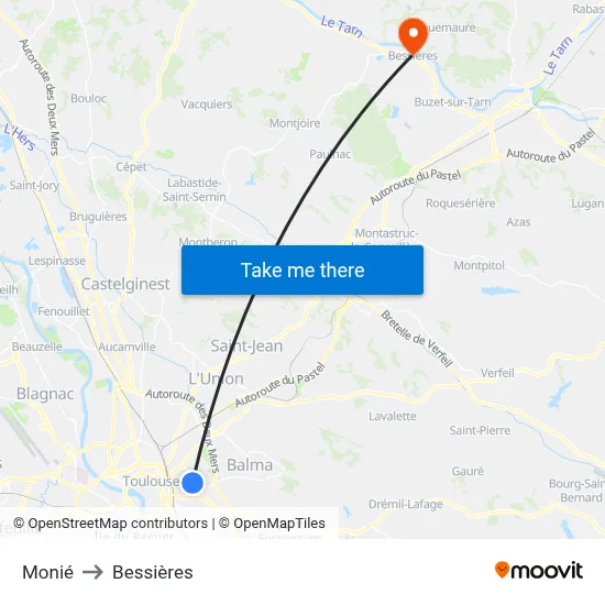 Monié to Bessières map