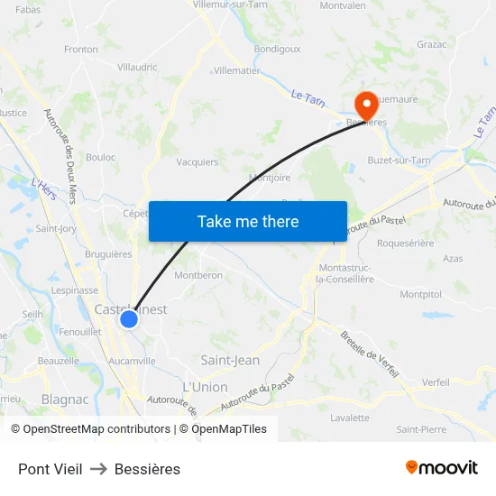 Pont Vieil to Bessières map