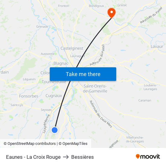 Eaunes - La Croix Rouge to Bessières map