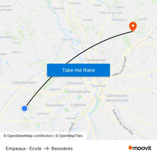 Empeaux - Ecole to Bessières map