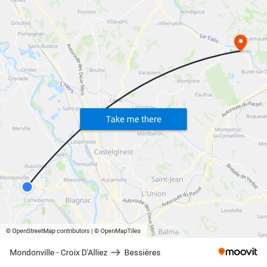 Mondonville - Croix D'Alliez to Bessières map