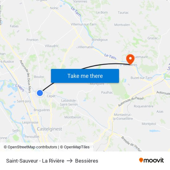 Saint-Sauveur - La Rivière to Bessières map
