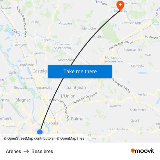 Arènes to Bessières map