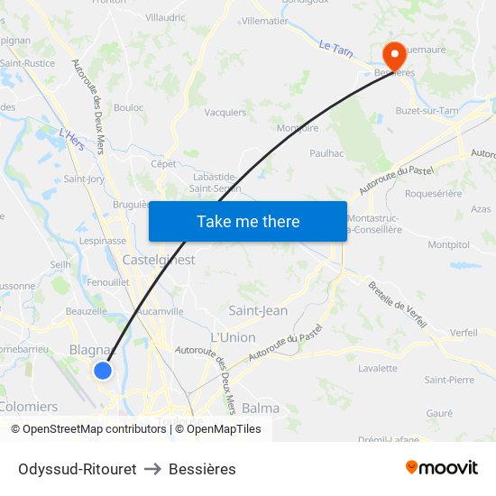 Odyssud-Ritouret to Bessières map
