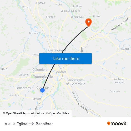 Vieille Eglise to Bessières map