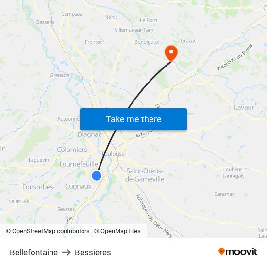 Bellefontaine to Bessières map