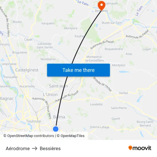Aérodrome to Bessières map