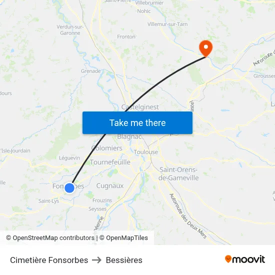 Cimetière Fonsorbes to Bessières map