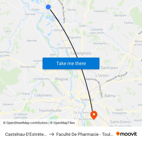 Castelnau-D'Estrétefonds to Faculté De Pharmacie - Toulouse III map