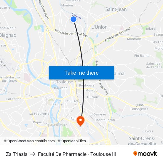 Za Triasis to Faculté De Pharmacie - Toulouse III map