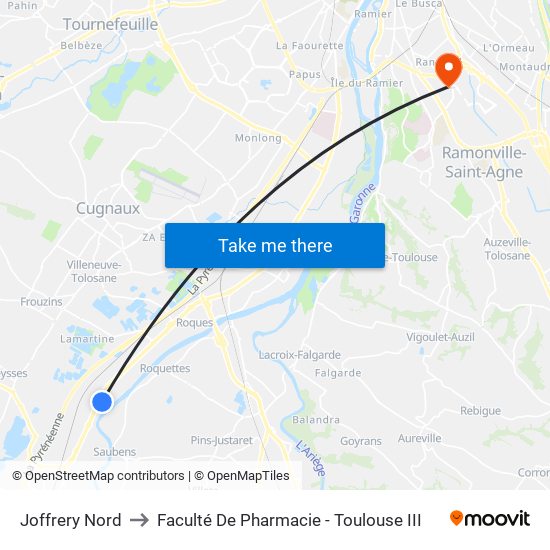 Joffrery Nord to Faculté De Pharmacie - Toulouse III map