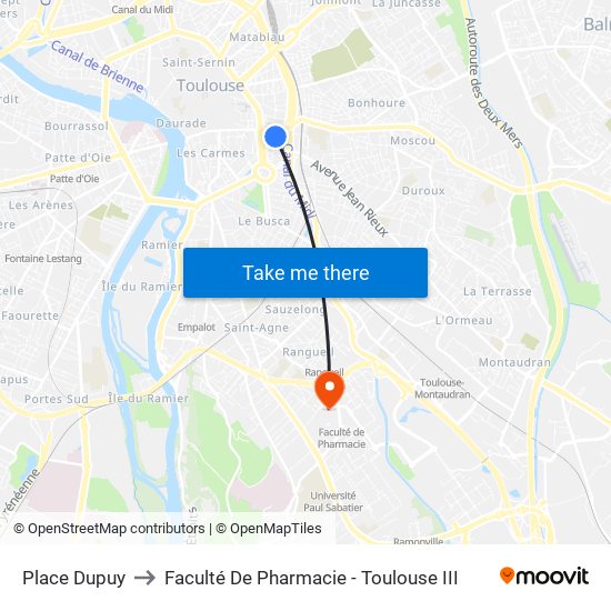 Place Dupuy to Faculté De Pharmacie - Toulouse III map