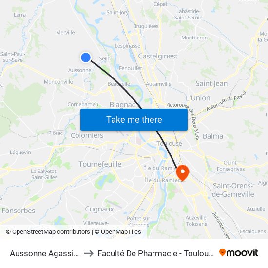 Aussonne Agassines to Faculté De Pharmacie - Toulouse III map