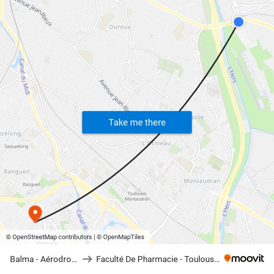 Balma - Aérodrome to Faculté De Pharmacie - Toulouse III map