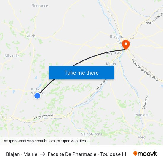 Blajan - Mairie to Faculté De Pharmacie - Toulouse III map