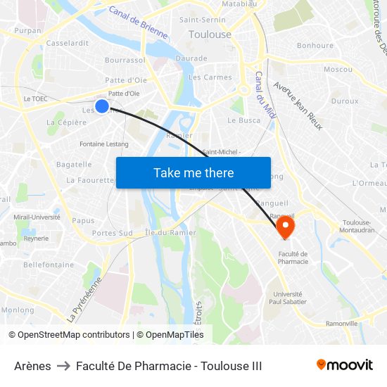 Arènes to Faculté De Pharmacie - Toulouse III map